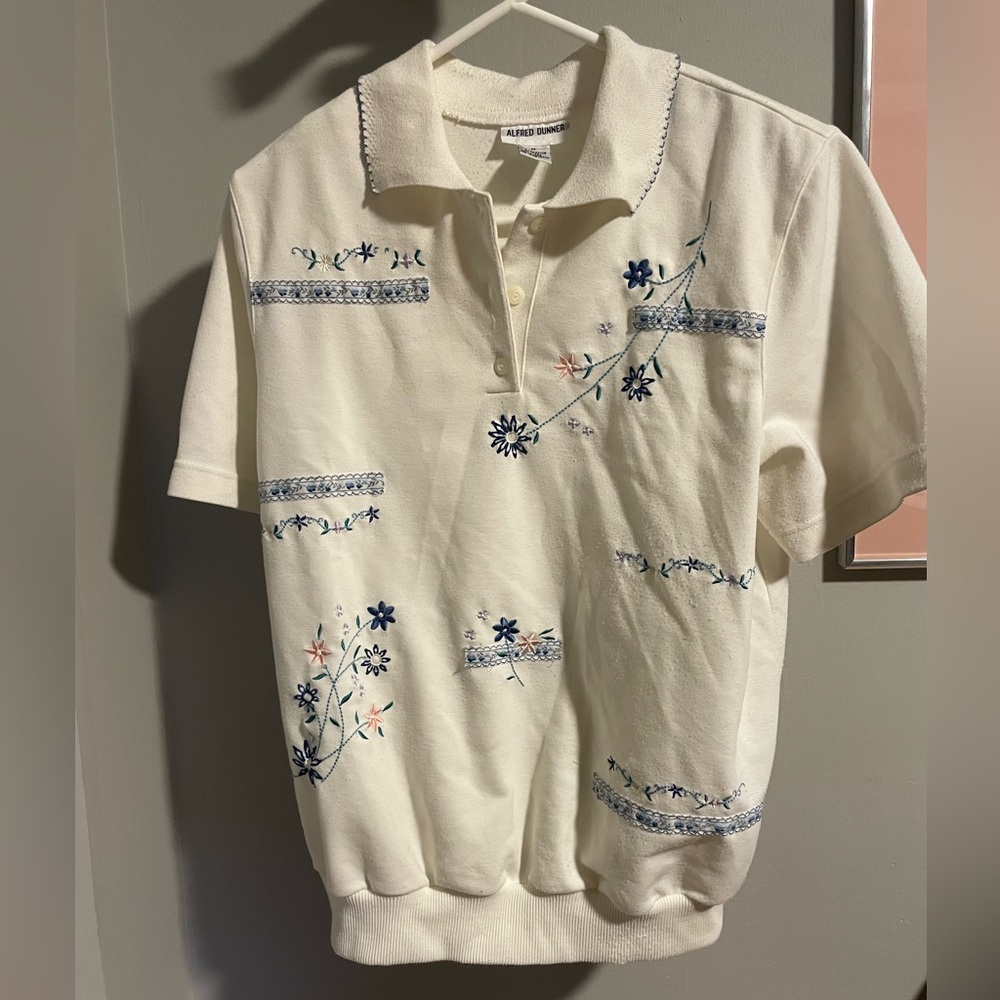 Alfred Dunner Women’s White Polo Embroidered Vintage cute cottagecore